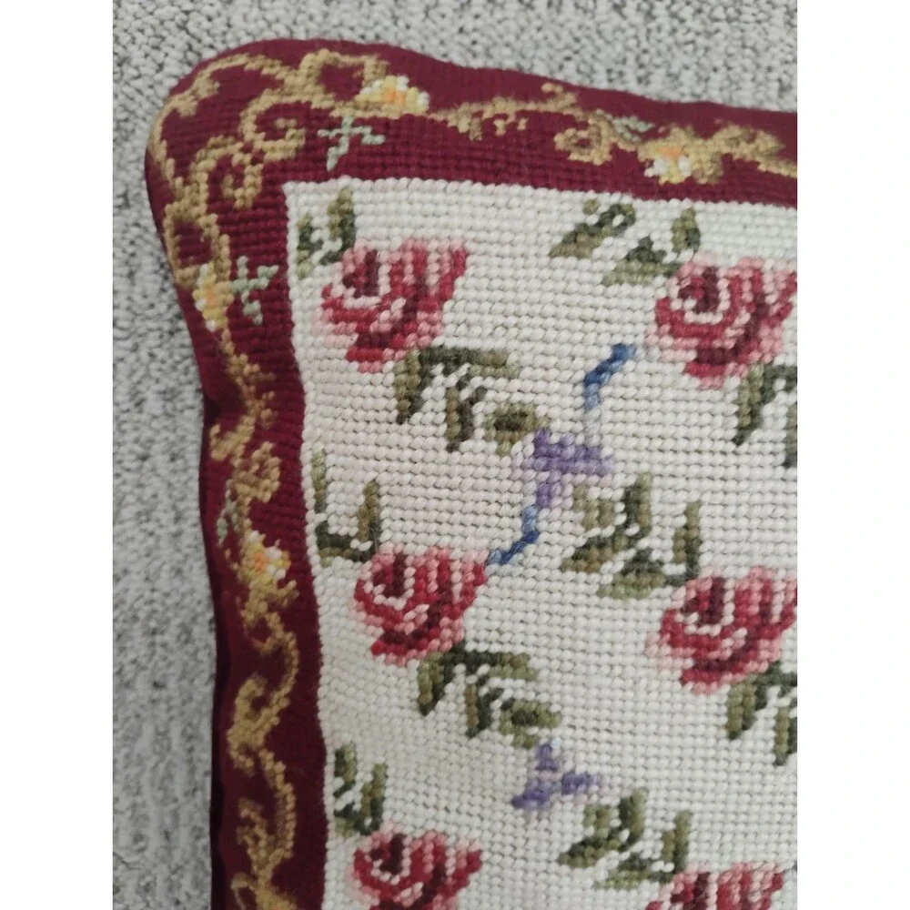 Vtg Rose Handmade Needlepoint Pillow 13